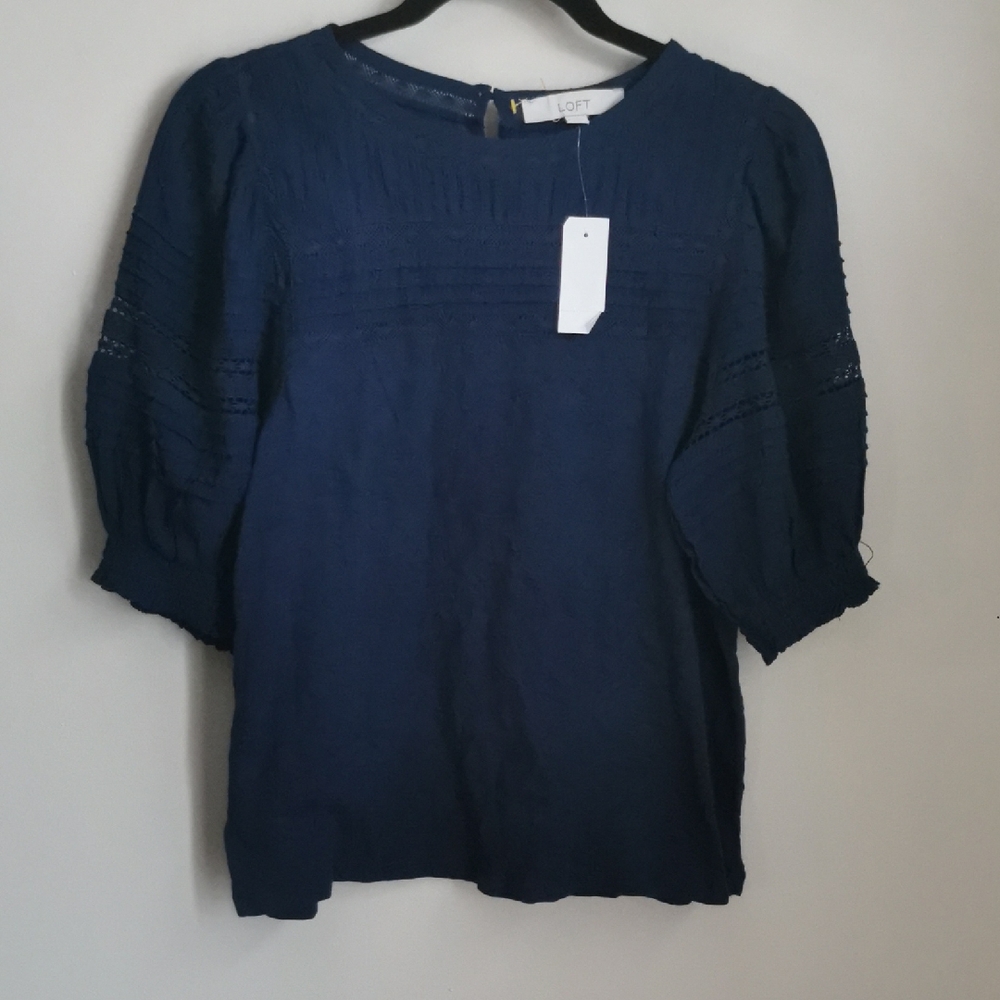 LOFT Deep‎ Blue Blouse with Lace Accents